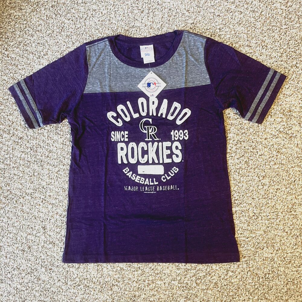 NWT MLB Colorado Rockies Team Baseball T-Shirt Womens Size L Purple Fan Tee